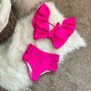 High waist hot pink ruffle sleeve two piece swimsuit.